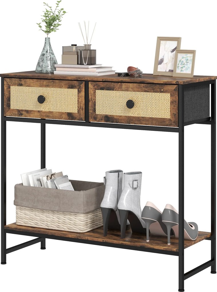 HOMCOM Konzolasztal Előtér Asztal Nyitott Polccal és 2 Elő Rattan Fiókkal 80x30x75 cm Rusztikus Barna | Aosom
