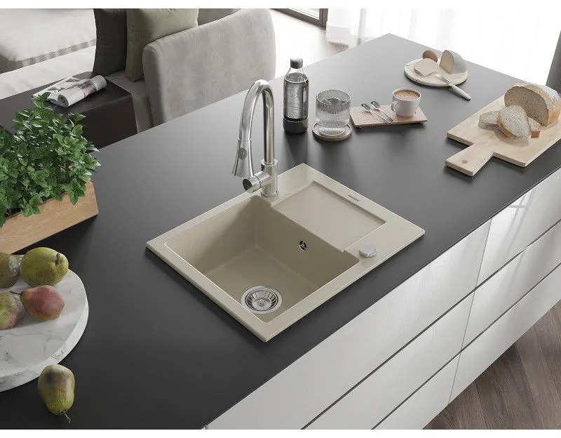 Mexen Enzo, 1 kamrás gránit mosogató 576x465x174 mm és Elia mosogató csaptelep, bézs, 6506-69-670101-00