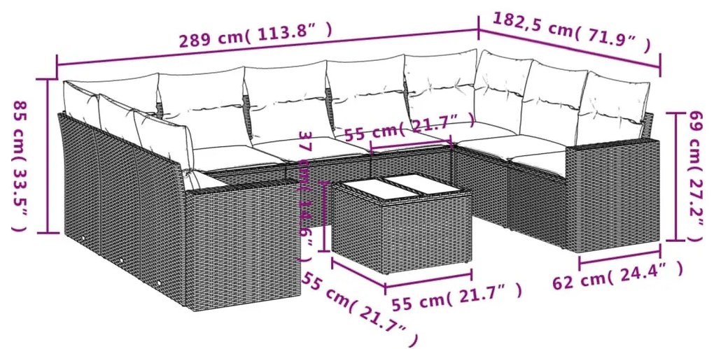 10 részes fekete polyrattan kerti ülőgarnitúra párnával