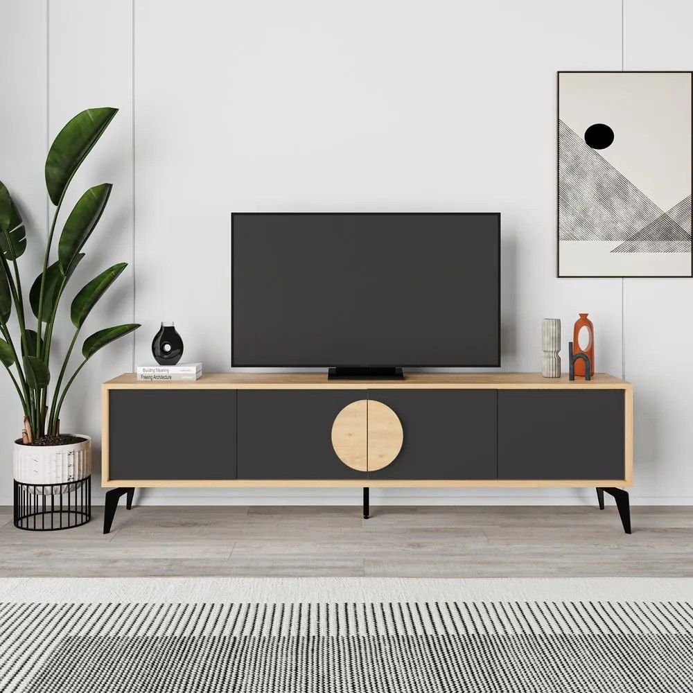Fekete-natúr színű TV-állvány tölgyfa dekorral 180x51 cm Vae – Marckeric