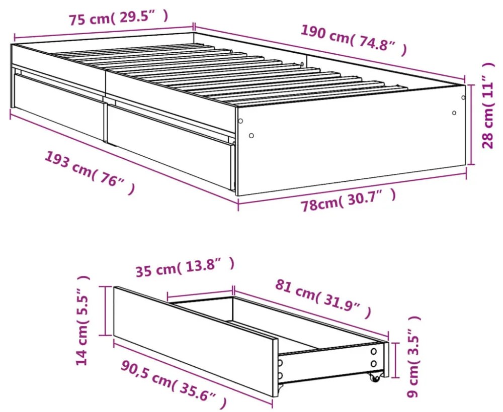 fekete szerelt fa ágykeret fiókokkal 75x190 cm