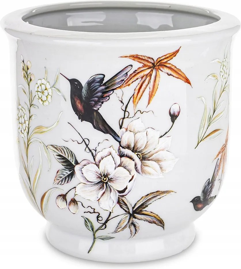 Virágtartó Kaspó Fehér Szürke Kerámia 16×16cm Virág És Madár Motívummal 15