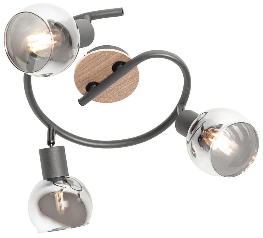 Mennyezeti lámpa fekete 44,5 cm füstüveggel és fával 3-lámpás - Vidro