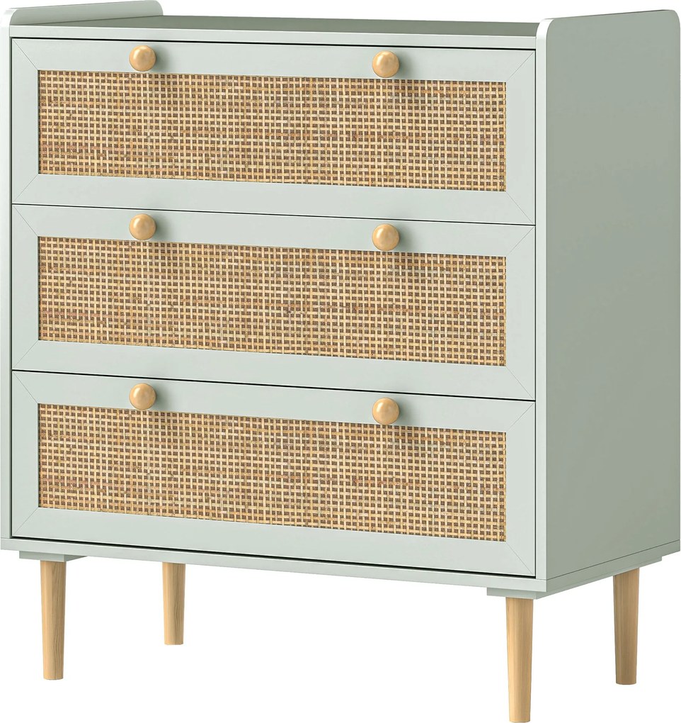 HOMCOM 3-Fiókos Komód Bohemian Stílusban, Fából készült Rámával, Rattan Dresser a Hálószobába, Nappaliba, Előszobába, 80 x 40 x 87,5 cm, Olívazöld | A
