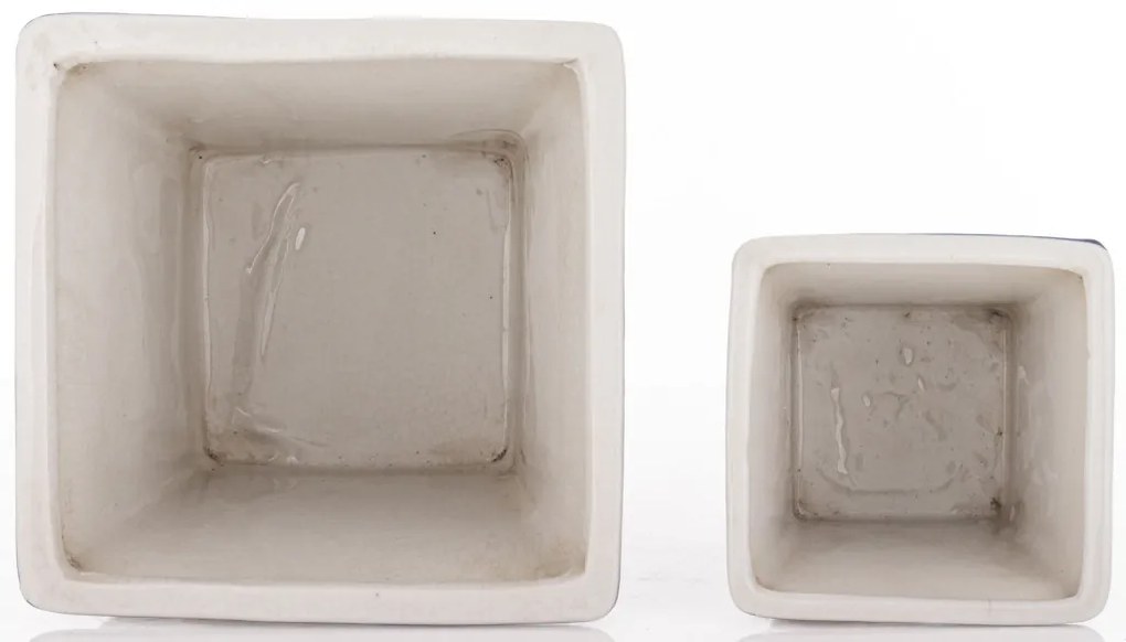 Törtfehér vintage szögletes porcelán 2db-os virágtartó kaspó szett kék virágokkal festve 11x12x12 / 17,5x18,5x18,5cm