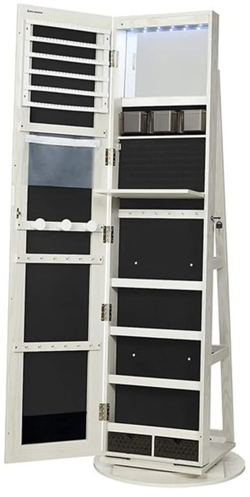 Szabadon álló tükrös ékszerszekrény, zárható, 6 led lámpával, 360°-ban elforgatható