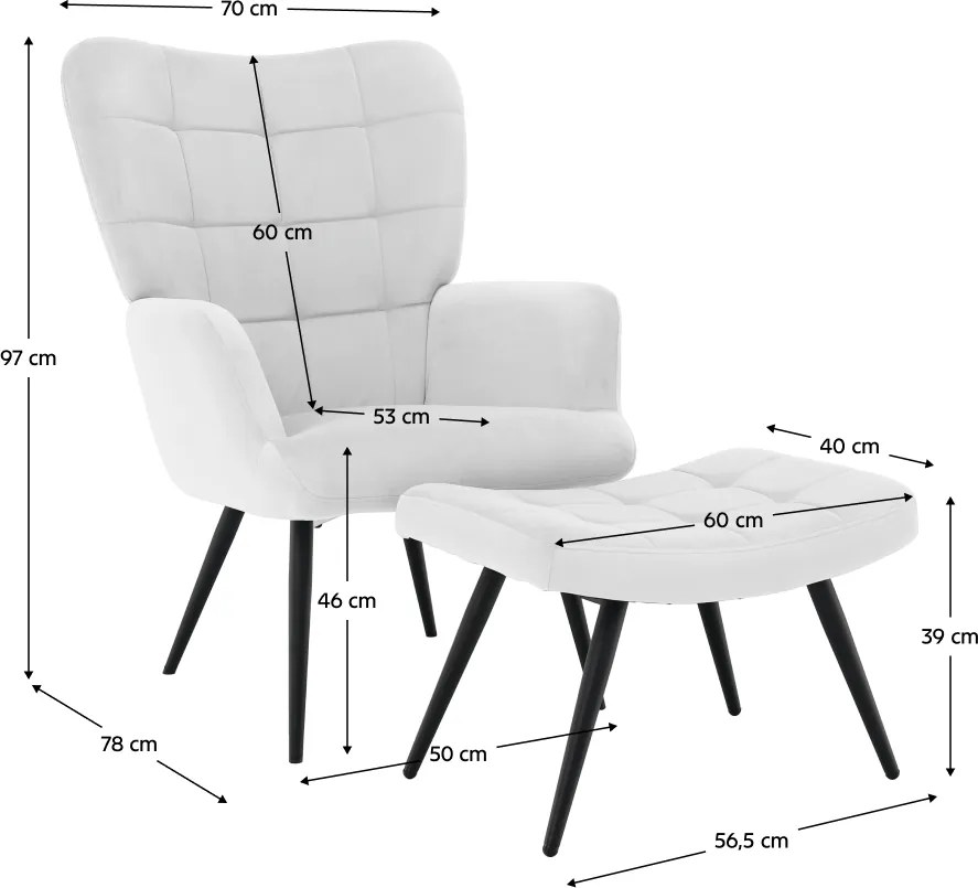 Fotel lábtartóval, világos szürke Velvet szövet/fekete, HABEN
