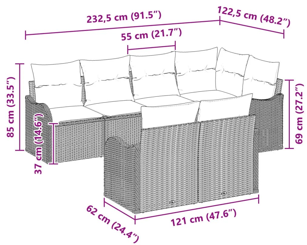 7 Részes Kerti Kanapé Készlet Párnákkal Bézs Poli Rattan, 2-Fős Kerti Kanapé Párnákkal Bézs Poli Rattan