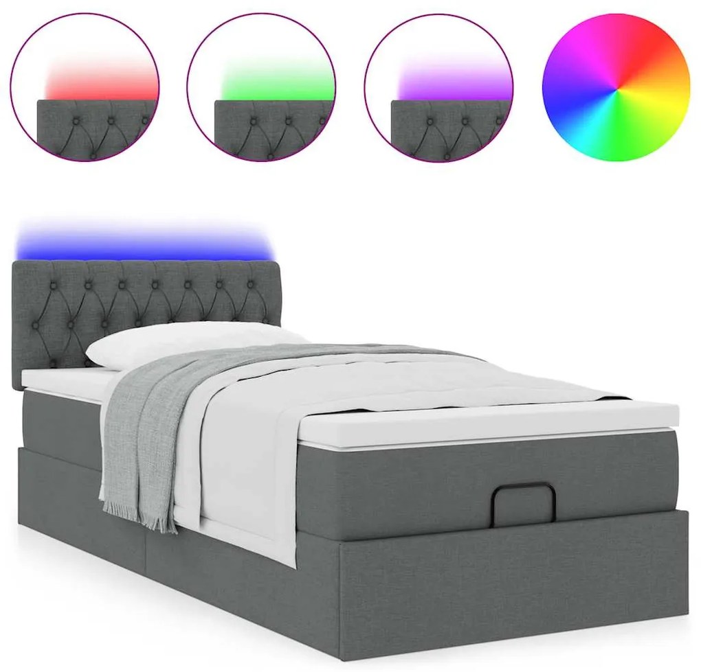 sötétszürke szövet ottomán ágy matraccal &amp; LED-ek 80x200cm