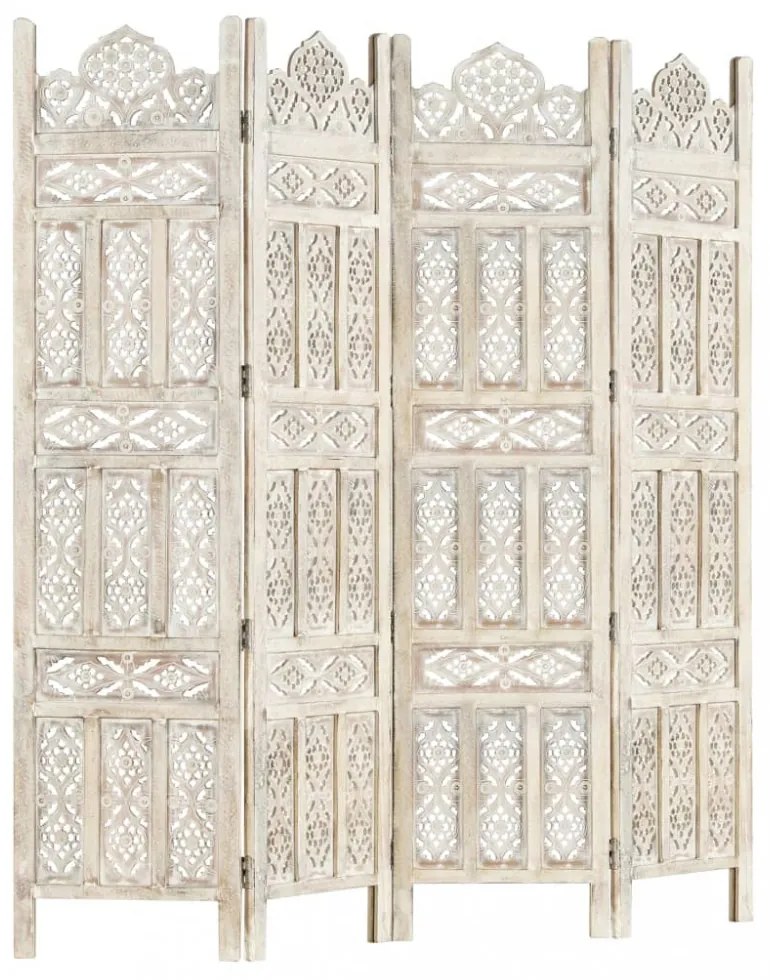 4-paneles fehér mangófa kézzel faragott térelválasztó 160x165cm
