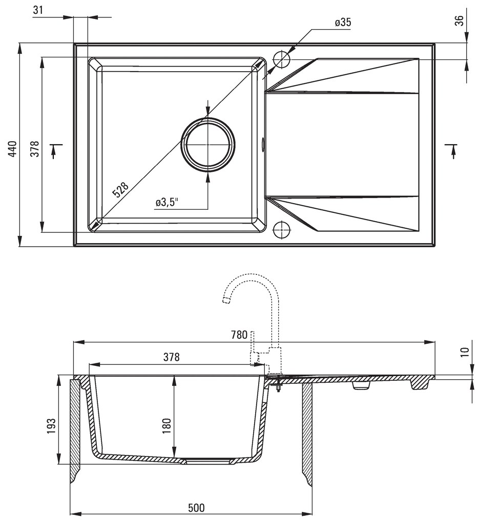 Deante Evora, gránit munkalap 780x440x193 mm, 3,5"+ helytakarékos szifon, 1kamrás, homokos, ZQJ_7113