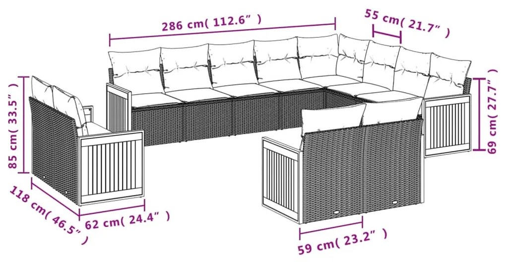 12 részes bézs polyrattan kerti ülőgarnitúra párnákkal