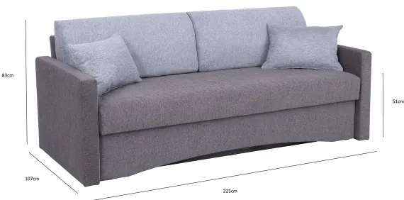 PAUL kárpitozott, háromszemélyes, kihúzható kanapé mindennapi alváshoz, karfás, szürke