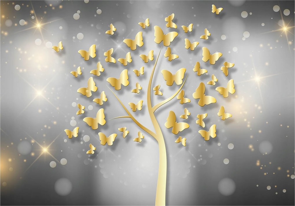 Fotótapéta Arany pillangók fa szürke alapon elegáns stílus 200x140 +ragasztó