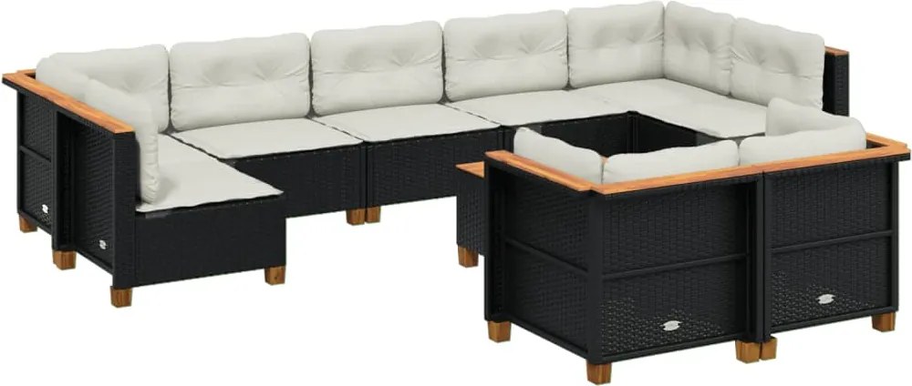 vidaXL 10 részes fekete polyrattan kerti ülőgarnitúra párnákkal