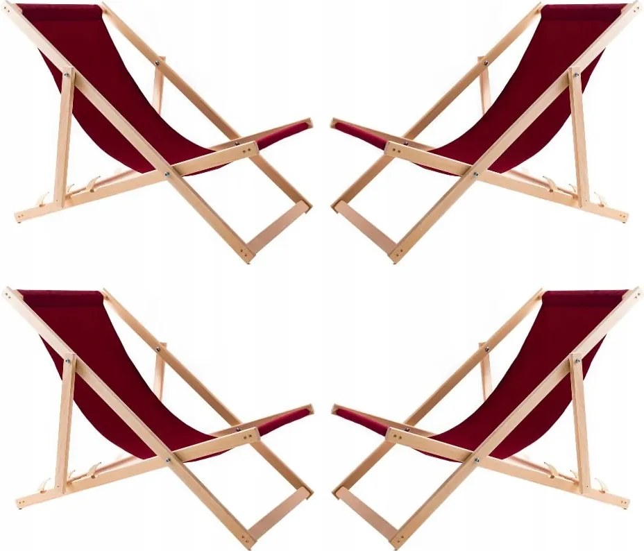 4x Kerti Strand Napozóágy Összecsukható Fa Woodok Bordó Szövet