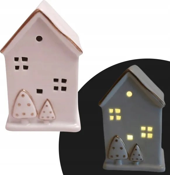 LED-es házikó fehér kerámia arany karácsonyfákkal karácsonyi dekoráció 12 cm