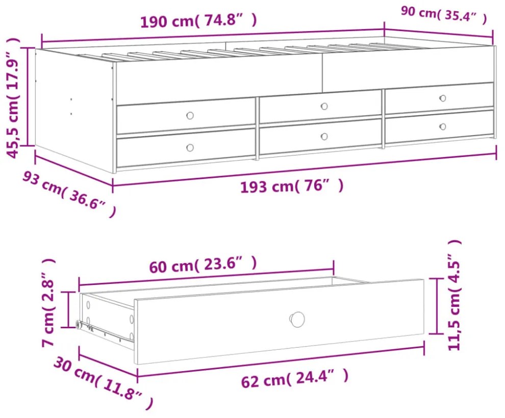 füstös tölgy kanapéágy fiókkal matrac nélkül 90x190 cm
