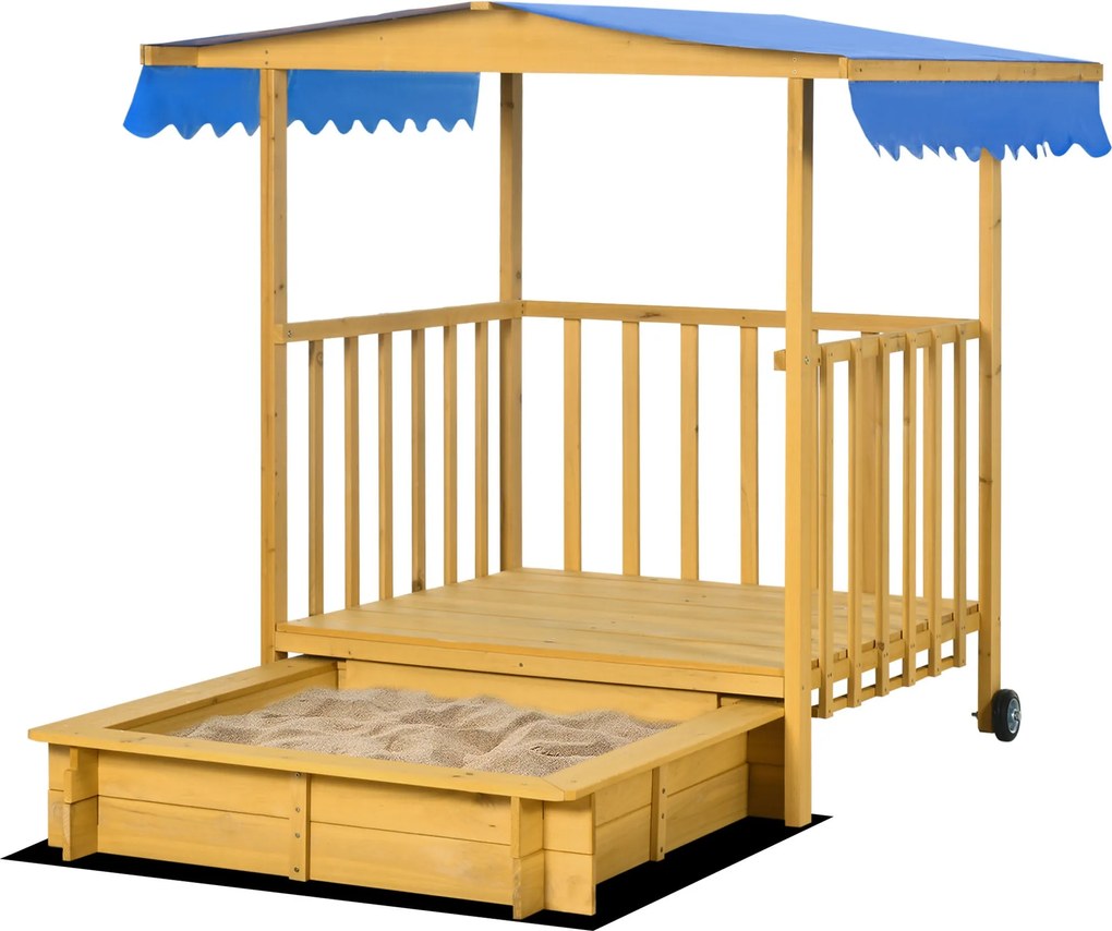 Outsunny Tetővel Ellátott Homokozó, Fa Homokozó Játszóházzal, 133 x 129 x 137.5 cm, Kerekekkel Gyerekeknek 3-8 Év, Kert, Természetes | Aosom