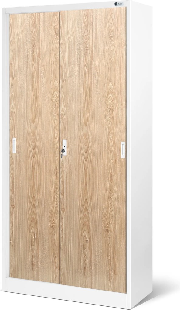 Fém irodai szekrény tolóajtókkal, fehér/sonoma tölgy, 900x1850x400 mm: KUBA Eco Design