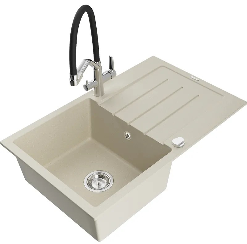 Mexen Bruno egymedencés, csepptálcás gránit mosogató Duo konyhai csapteleppel, bézs - 6513-69-671701-07