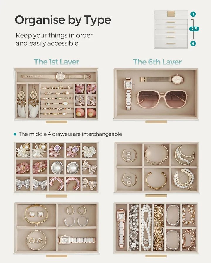 Üveglapos ékszerdoboz, 6 szintes, 5 fiókos, modern stílusban, fehér-arany