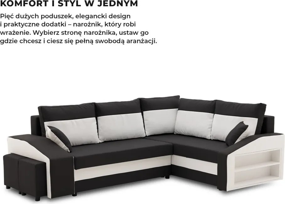 Grande sarokkanapé polcokkal és puffokkal , polc a jobb karfaban puffok a bal karfaban, jobboldali, szövet anyag, hab töltet, fekete - fehér