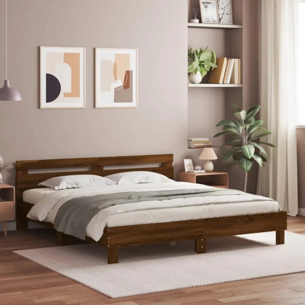 barna tölgy színű ágykeret fejtámlával és LED-del 180 x 200 cm