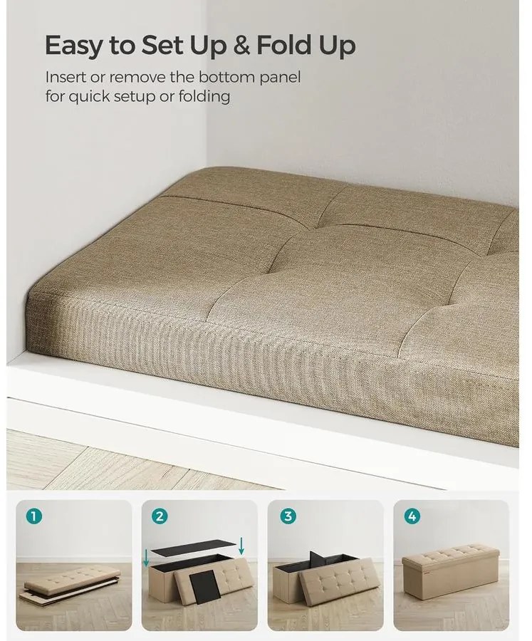 Tárolós ülőke, összecsukható pad, 38 × 110 × 38 cm, tevebarna színben