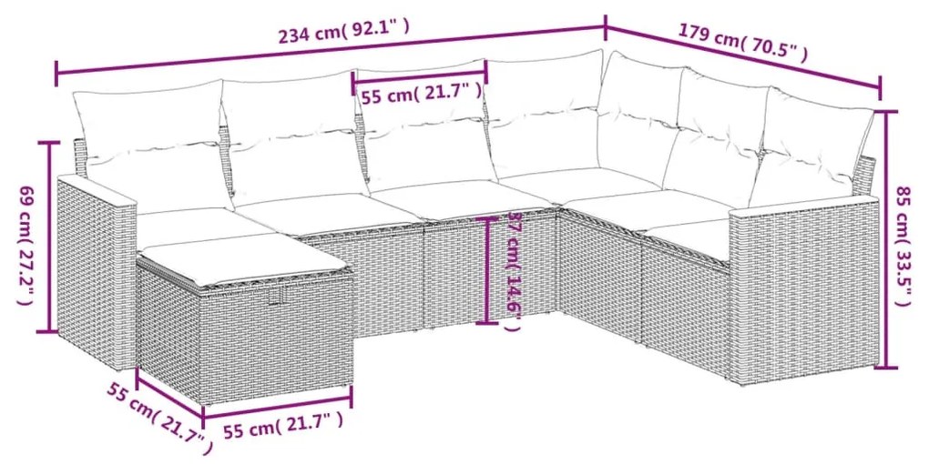 7 részes szürke polyrattan kerti ülőgarnitúra párnákkal