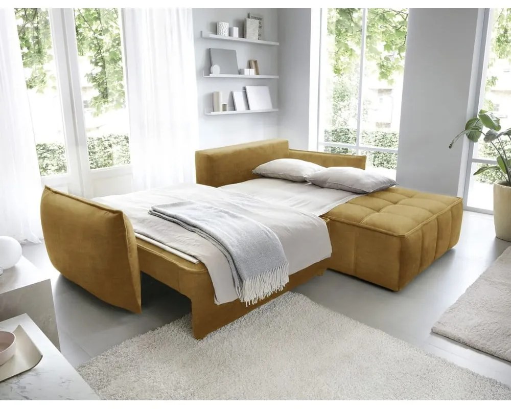 Sárga bársony kinyitható-tárolóhelyes sarokkanapé (jobb oldali-heverő résszel) Campo – ELTAP