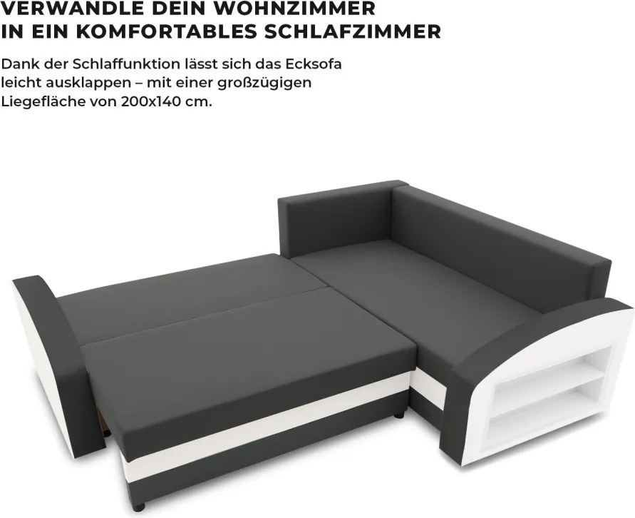 Grande sarokkanapé polcokkal , polc a jobb karfaban, jobboldali, szövet anyag, hab töltet, szürke - fehér