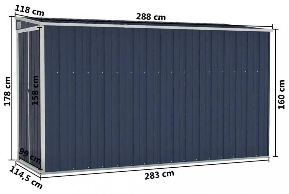 antracitszürke acél falhoz erősíthető fészer 118 x 288 x 178 cm