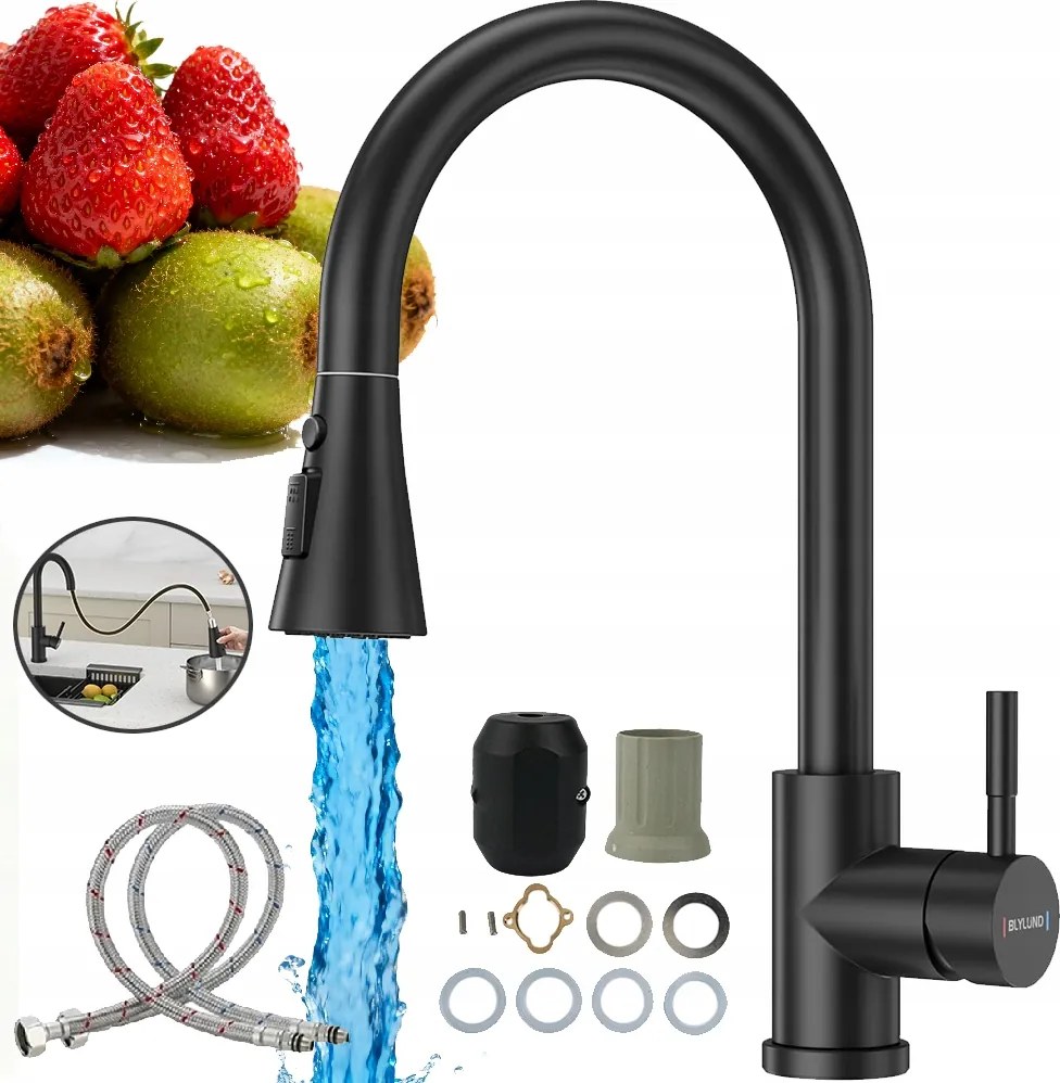 Konyhai csaptelep kihúzható kifolyócsővel, 360°-ban elforgatható, 3 vízsugár üzemmóddal