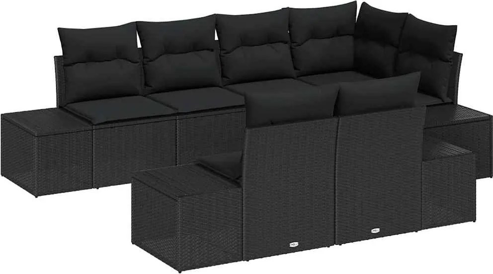 vidaXL Kerti Kanapé Szett párnával 7 pcs Fekete polirattan