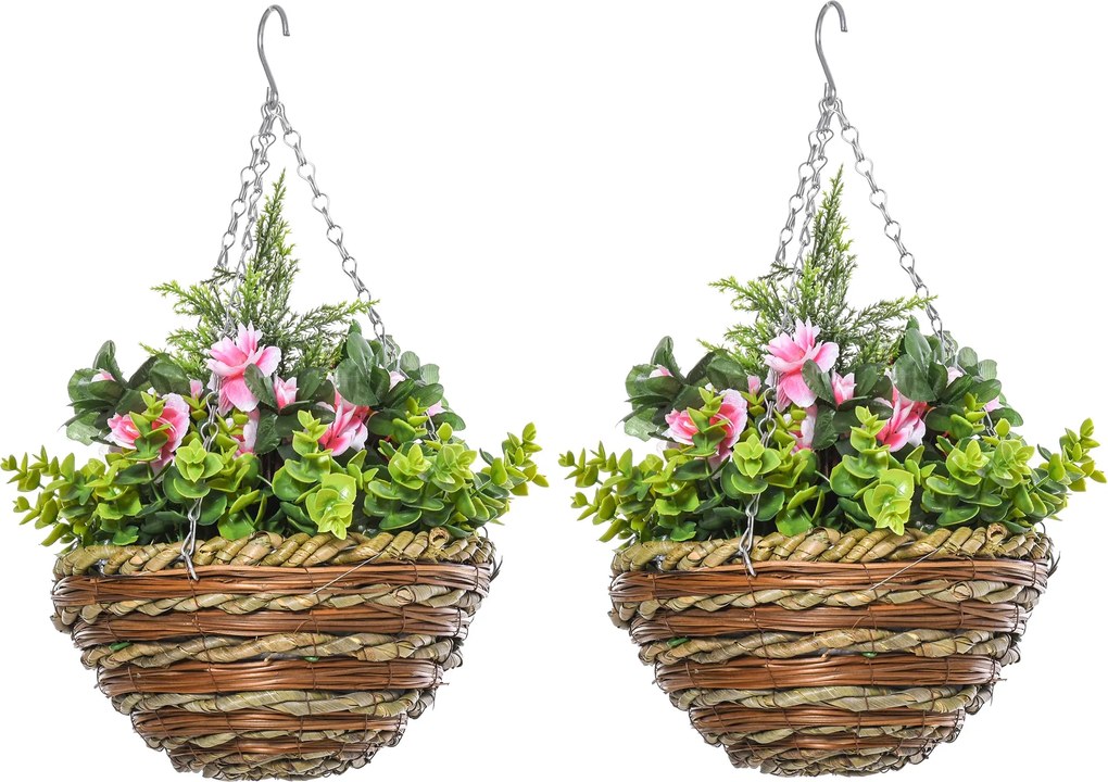 Outsunny 2 db Műlisianthus Növény Kaspóval és Akasztóval, Műnövények PE-ből és Fonott Anyagból, Ø25x34 cm, Zöld és Rózsaszín | Aosom