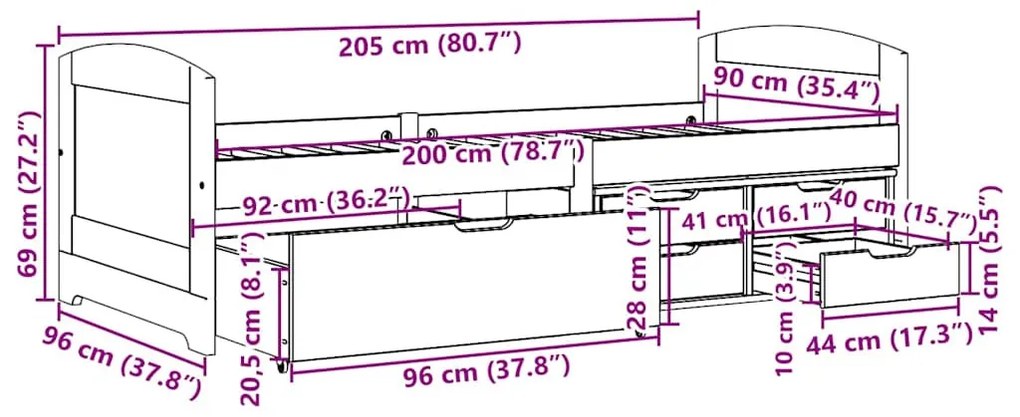 Napozóágy 5 fiókkal matrac nélkül IRUN Fekete 90x200 cm