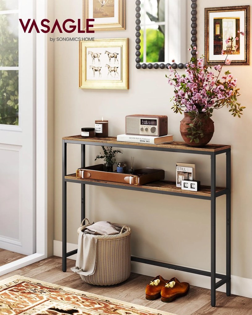 Konzolasztal, 2-szintes, keskeny, rusztikus barna és tintafekete színben