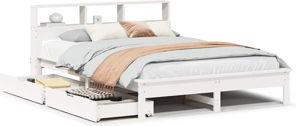 vidaXL fehér tömör fenyőfa könyvespolcos ágy matrac nélkül 150x200 cm