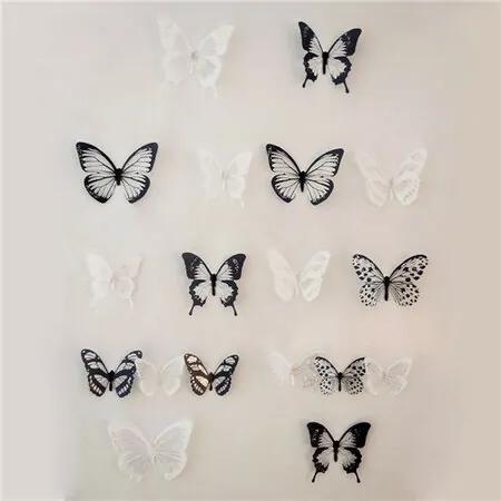 Öntapadós falmatrica, 3D-s pillangók, fekete-fehér, 18 db