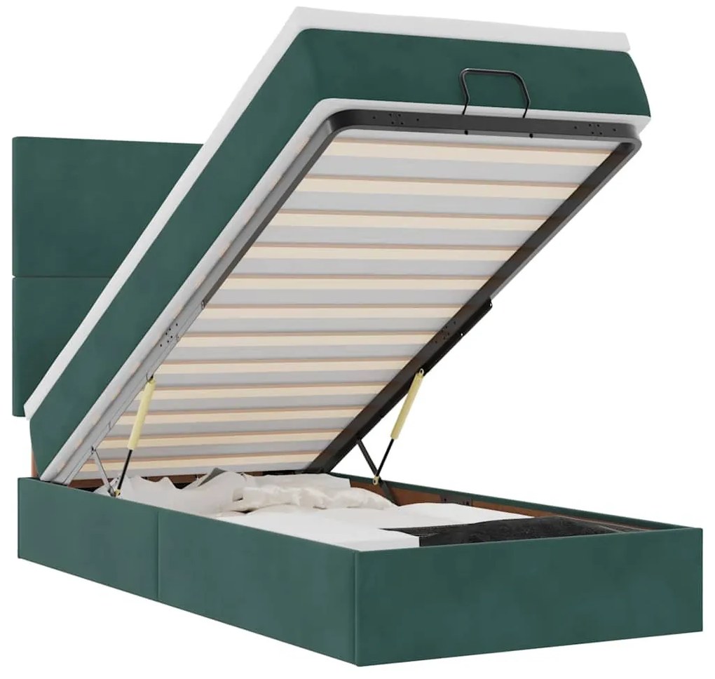 Ottomán ágykeret matracokkal sötétzöld 80x200cm bársony
