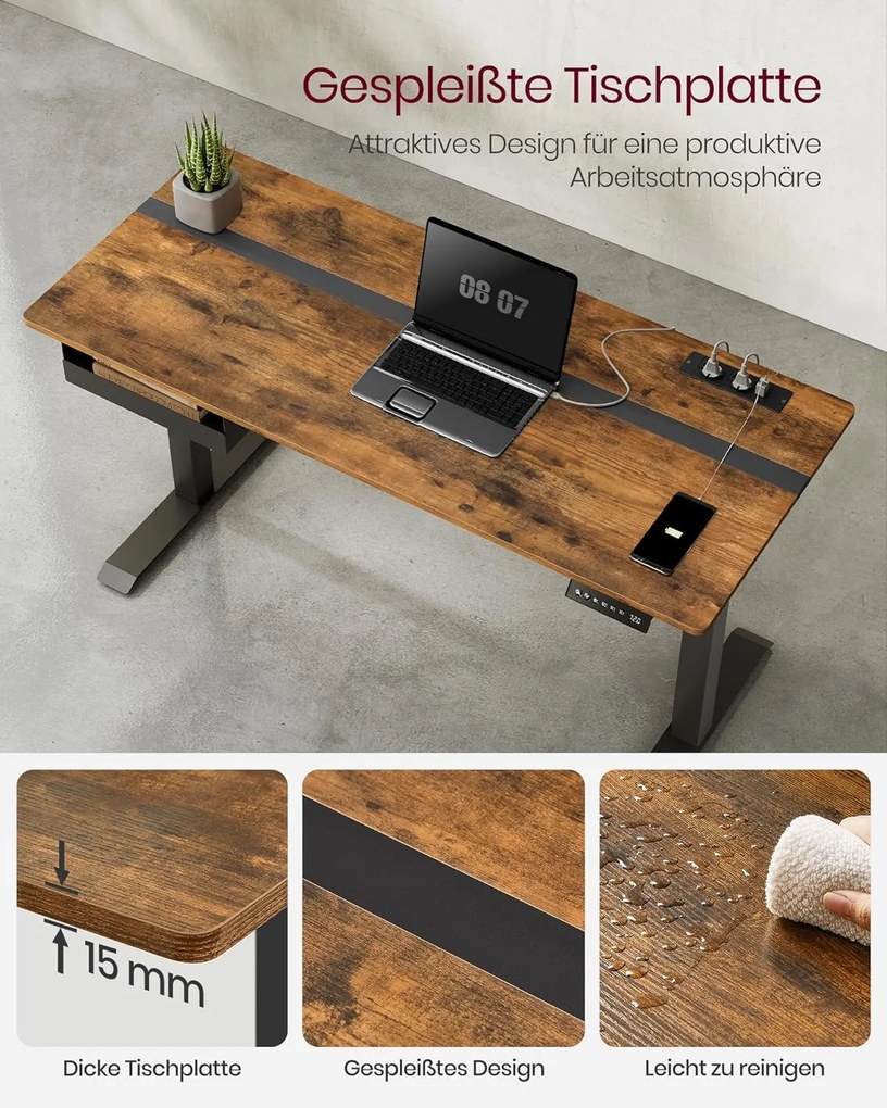 Elektromosan állítható íróasztal beépített aljzatokkal, 2 USB-porttal, fiókkal és 4 memóriahellyel, 140 x 60 x 72–120 cm, vintage barna/fekete