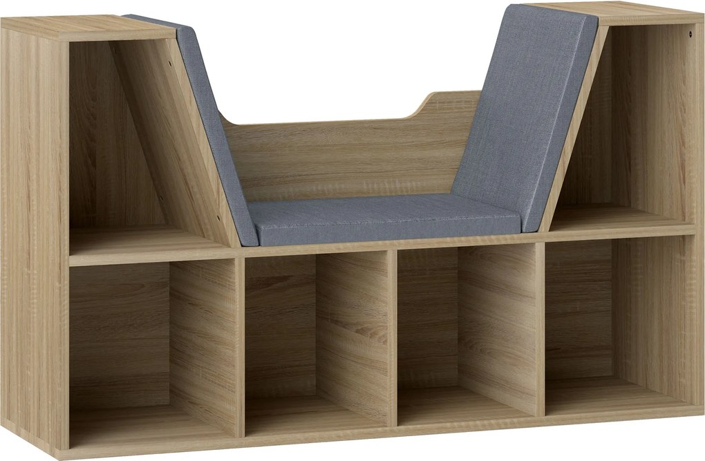 HOMCOM Modern Dizájn 2 az 1-ben Könyvespolc Pad 6 Rekesszel és 3 Párnával Tölgy Szürke 102L x 30W x 61H cm | Aosom