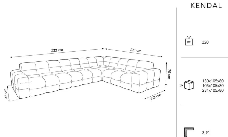 Világosszürke bársony sarokkanapé (jobb oldali) Kendal – Micadoni Home