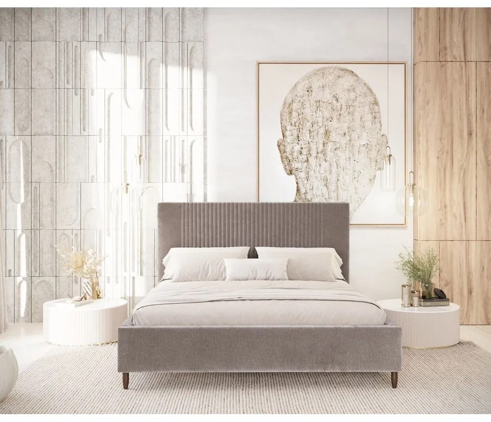 Bézs kárpitozott ágyneműtartós franciaágy ágyráccsal 180x200 cm Etero – Maison de Rêve