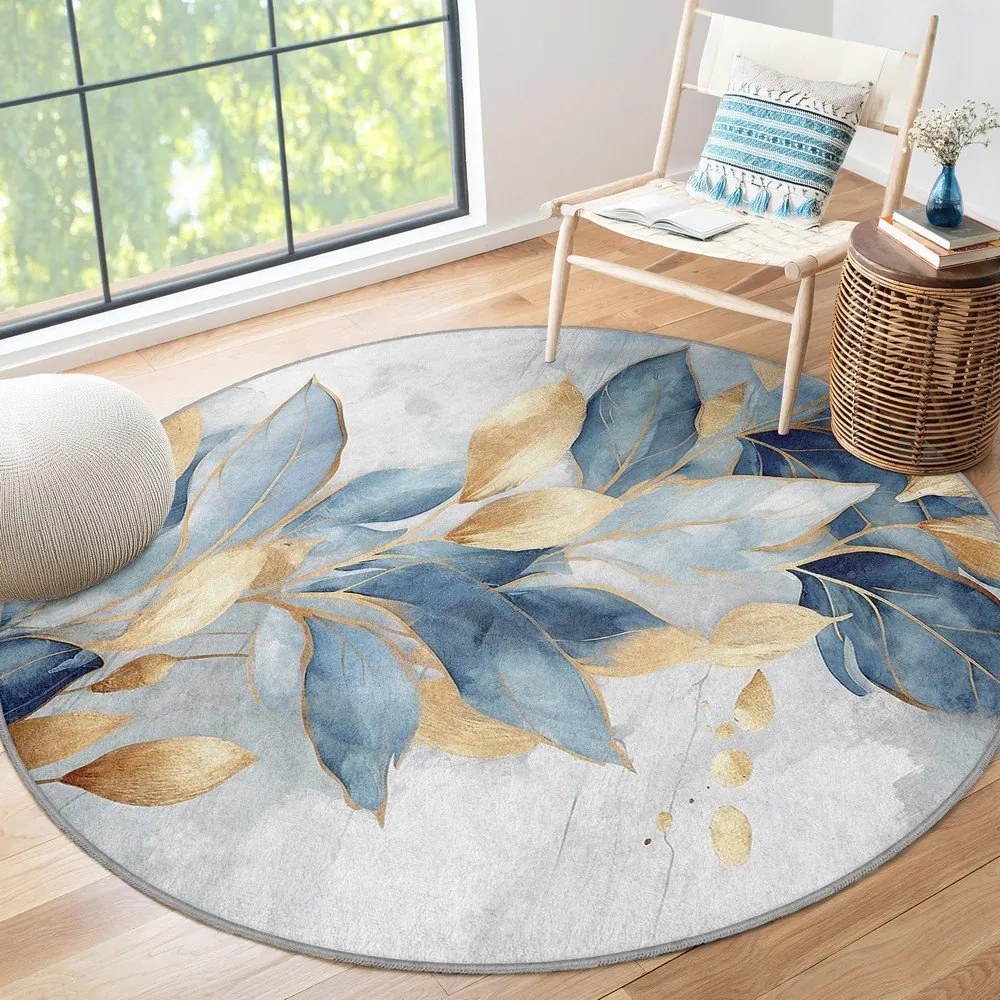 Kék-aranyszínű mosható kerek szőnyeg ø 80 cm Golden Leaves – Mila Home