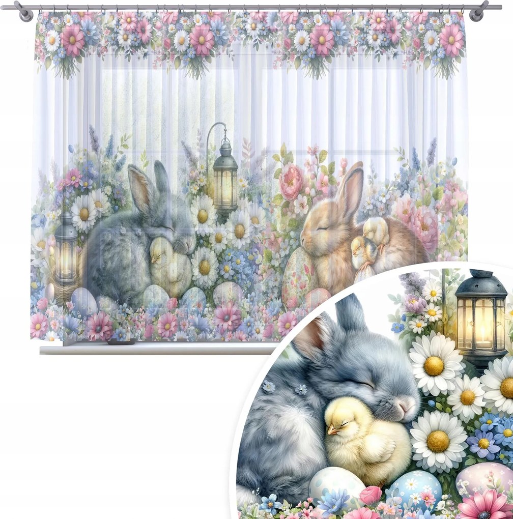 Karácsonyi Függöny Kész 300x150 CM Fátyol Szalagon Húsvéti Minta 383