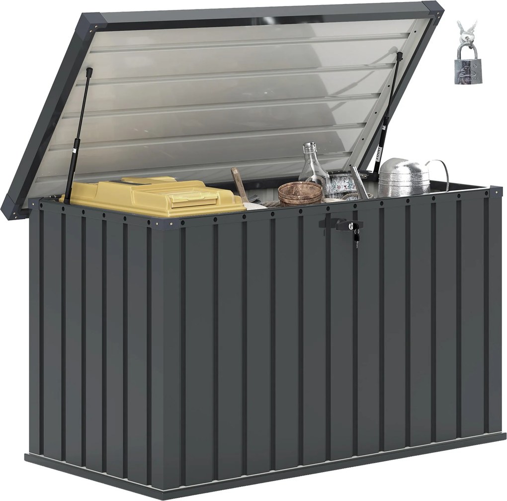 Outsunny 400L Külső Tárolódoboz Kettős Gázrugós Fedéllel, Zárral és 2 Kulccsal, Vízálló Galvanizált Acél Tárolódoboz, 124x66x72 cm, Sötétszürke | Aoso