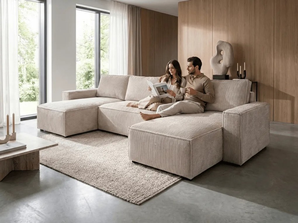 AKCIÓ Világos bézs U alakú ülőgarnitúra SMART COSARO 295x140 cm II. osztály