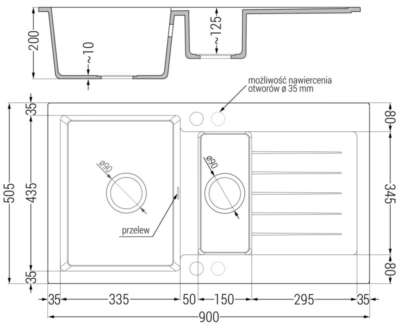 Mexen Matias, gránit mosogató 900x505x200 mm, 1,5 kamrás és mosogató csaptelep Carla, fekete-arany metál, 6502-75-670700-70-B